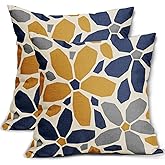 Aytipun Navy Blue Yellow Grey Gray Pillow Covers 18x18 Set of 2 Geometric Art Flower Print Decorative Outdoor Pillowcases Abstract Floral Farmhouse Throw Cushion Case Decor for Couch Sofa Bed