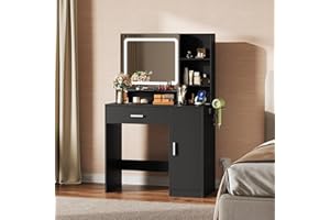WLIVE Vanity Desk with Mirror and Lights, Makeup Table with Drawer, Cabinet and Open Shelves, Bedroom Dressing Table with Charging Station, Black