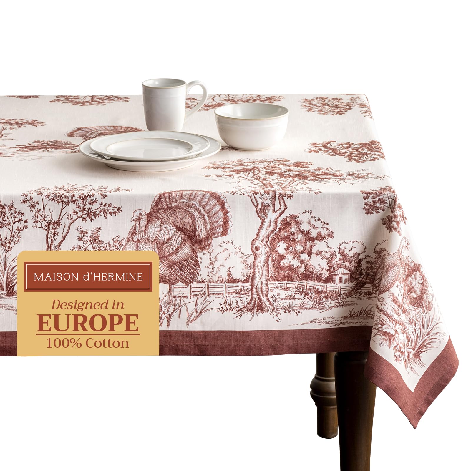 Maison d' Hermine Table Cloth Rectangle Table 100% Cotton 180 cm x 140 cm Tablecloth Reusable Everyday Use for Christmas Decorations Dining Farmhouse Home Party Festive (Holy Jouy - Brown)
