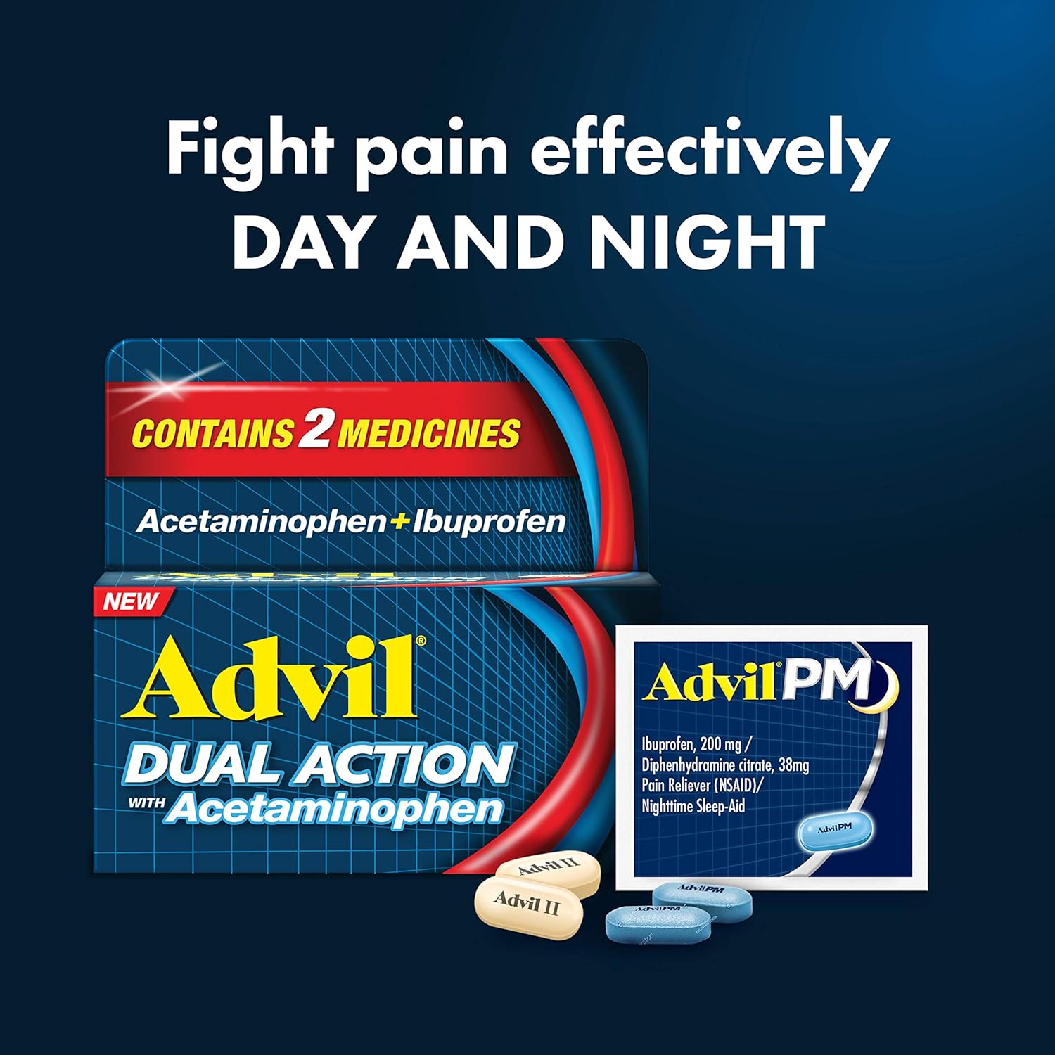 Advil Dual Action with Acetaminophen, 250 Mg Ibuprofen, 500 Mg Acetaminophen Per Dose - 144 Caplets Advil PM with Ibuprofen, Diphenhydramine Citrate - 2 Caplets, Pain Relief and Sleep Aid Combo Pack: Health & Personal Care