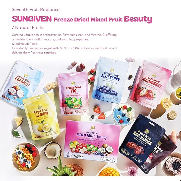 SUNGIVEN FREEZE DRIED FRUIT MIXED FOR BEAUTY, VARIETY PACK OF 12 BAG, 7 KINDS OF FRUIT, HEALTH SNACK, RICH IN VITAMINS, APPLE STRAWBERRY BLUEBERRY LEMON COCONUT FIG RED-DATES, NO SUGAR ADDED, 9.7 OZ