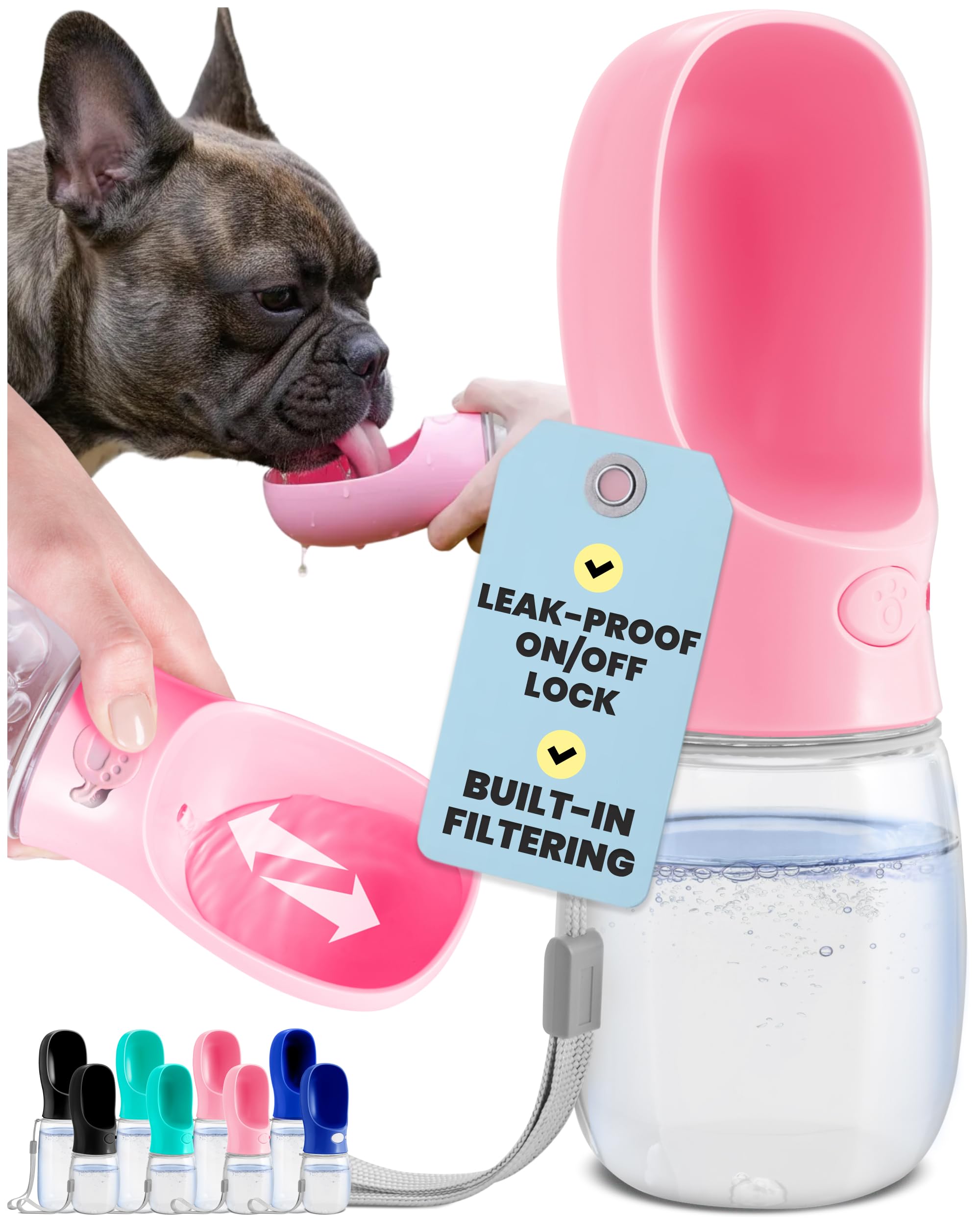 MalsiPree Dog Water Bottle with Bowl - Leak Proof Portable Puppy Water Dispenser with Drinking Feeder for Pets Outdoor Walking, Hiking, Travel, Food Grade Plastic (Pink, 350ml)
