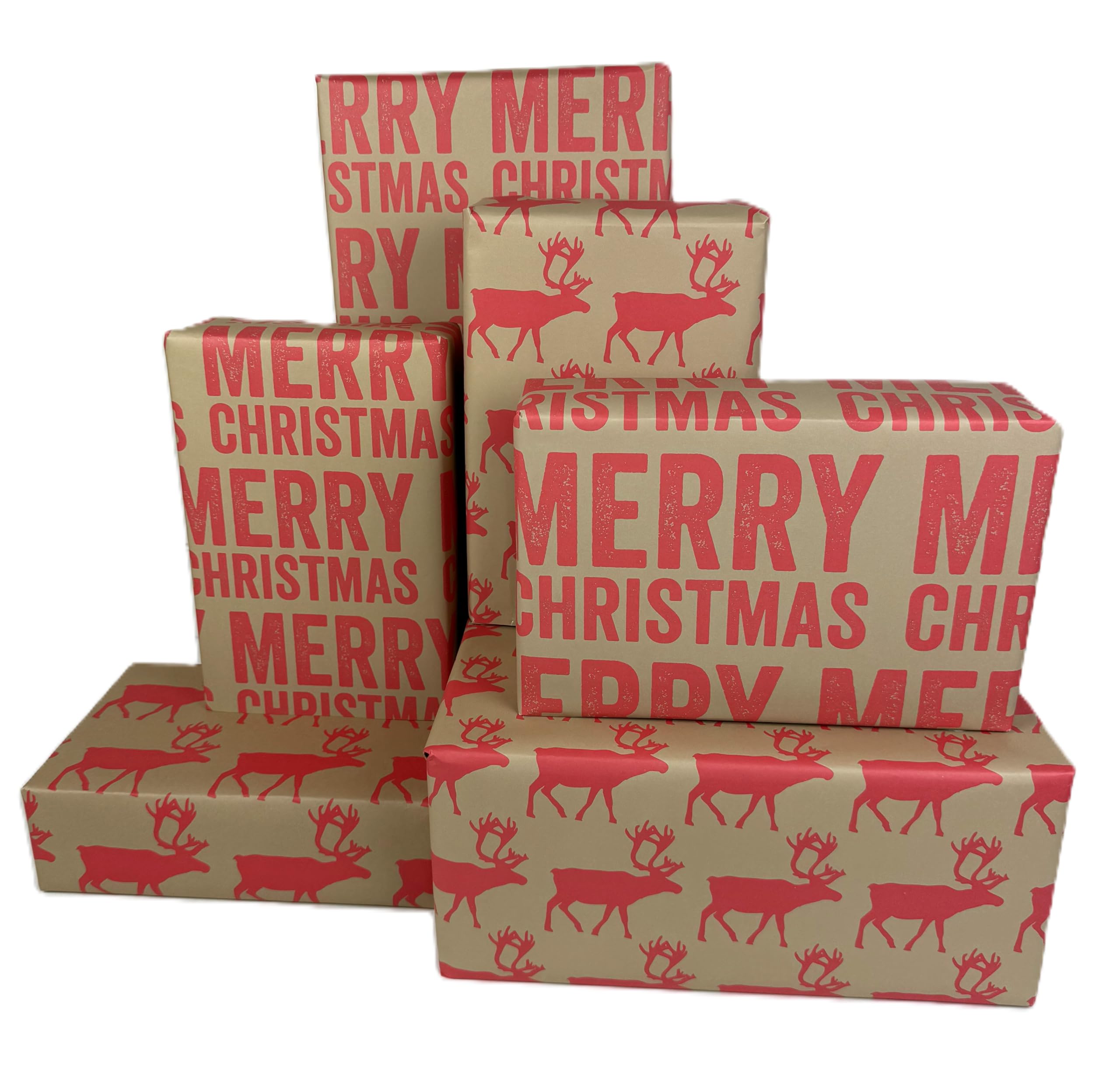 WRAPT Eco Christmas Wrapping Paper - 12 sheets 70cm x 50cm Childrens Wrapping Paper - Made in the UK. Premium Sustainably Sourced Recyclable Xmas Gift Wrap. (Merry Christmas & Reindeer)
