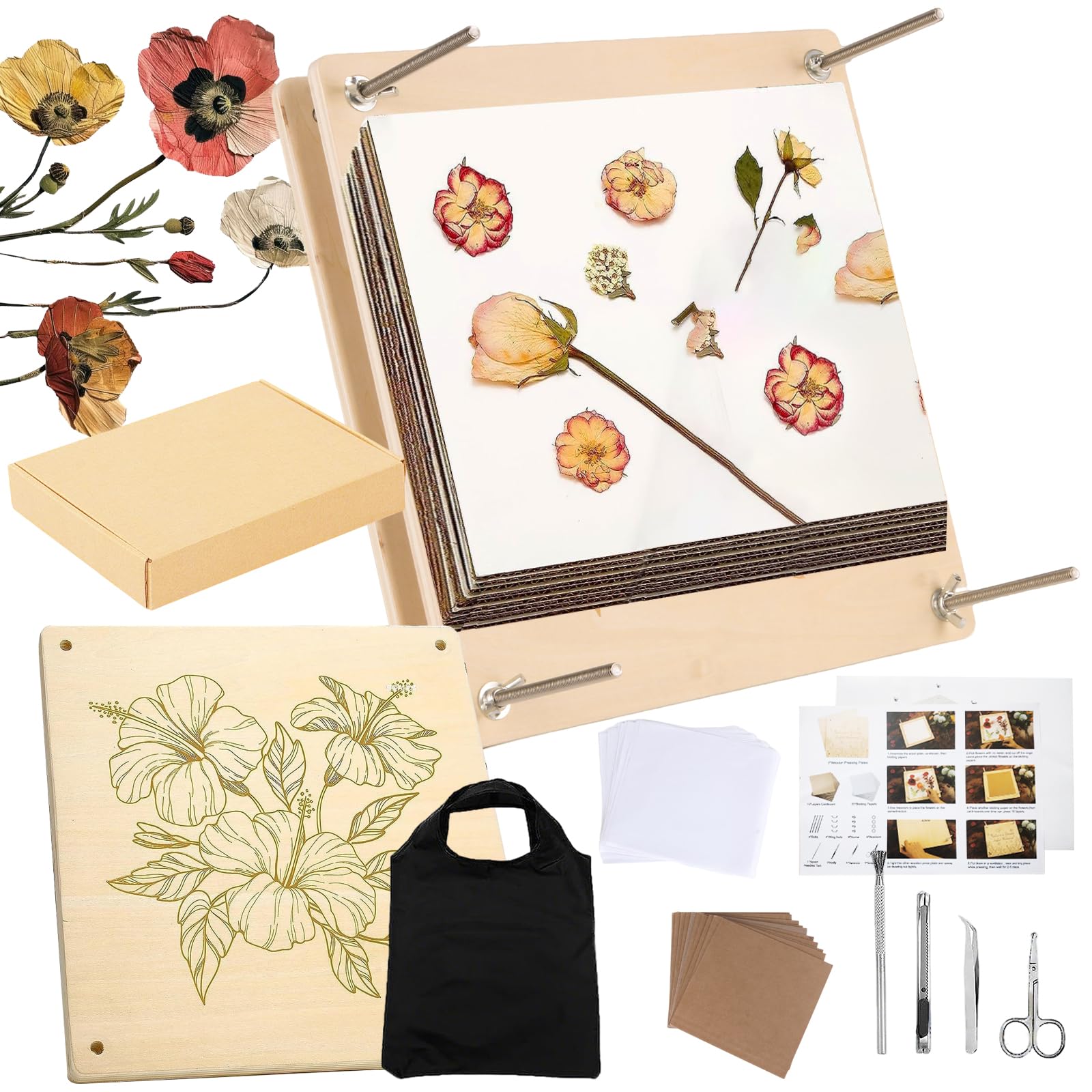 Large Flower Press Kit, 10 Layers 11x11 inch (28x28cm) Wooden Flower Pressing Kit with Storage Bag, DIY Arts Dried Flowers Leaf Plant Press Kit for Children Adults Crafts Lovers Gift, Outdoor Learning