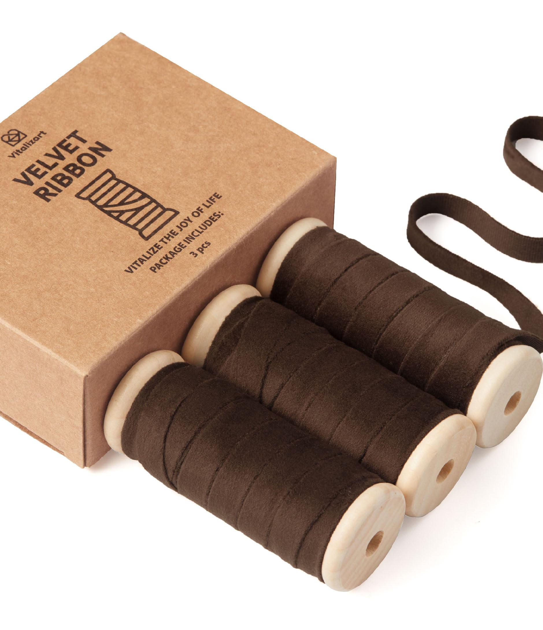 Vitalizart Dark Brown Velvet Ribbon Set 3/8" x 5Yd x 3 Rolls, Wooden Spool, Fabric Trim for Christmas Wreath Decoration, Handmade Craft, Ornaments, Gift Wrapping & Bow Making