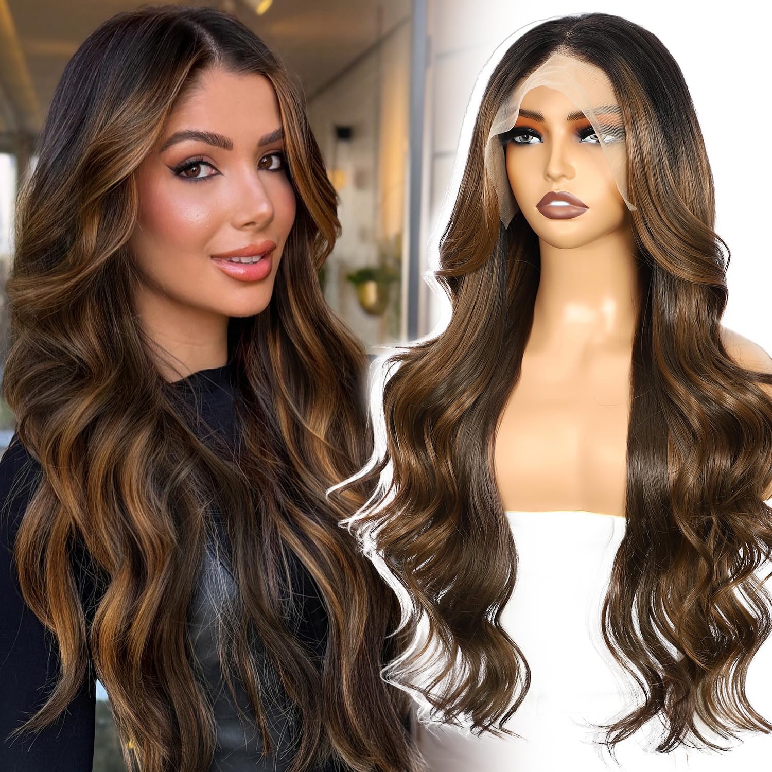 SOMIARIK Ombre Dark Brown Wavy Wig for Women, 13x4 Transparent Lace Front Long Dark Brown Wigs Middle Part Wavy Wig Natural Looking Synthetic Heat Resistant Fiber Wig for Daily Party Use 26 Inch