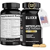 Eliixr Methylated Multivitamin 27-in-1 Formula with 1500 mcg Active Folate, Methylated B12, K2, D3, B-Complex and more Women and Mens Multivitamins, 60 Vegan Capsules, 2 month supply Made in the USA
