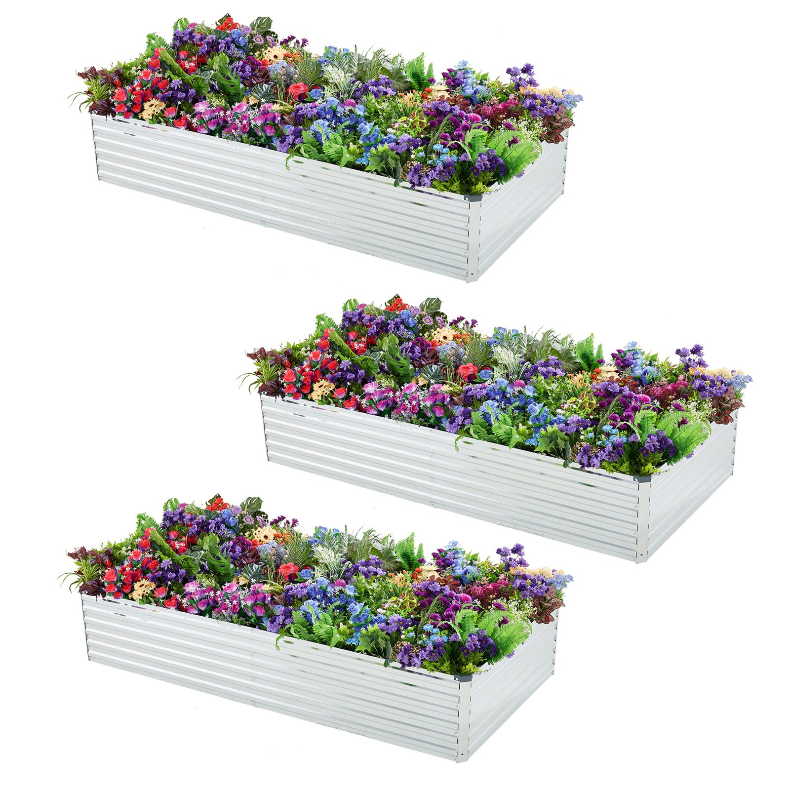 Meberam 3 Pack 6x3x1FT Galvanized Raised Garden Beds Kit Outdoor Metal Gardening Planter Box for Vegetable Elevated Flower Herbs,Silver Image