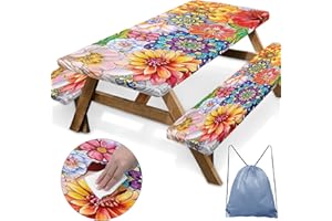 Nesphy Bright Colorful Abstract Floral Picnic Table Cover with Bench Covers, Unique Ethnic Vintage Outdoor Camping Essentials 6FT 3PCS Fitted Rectangle RV Must Haves Tablecloth with Drawstring Bag