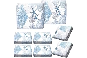 Hosuly 8 Pcs Summer Sofa Cushion Cover Patio Stretch Beach Outdoor Seat Cushions Covers Starfish Seashell Coral Replacement Couch Slipcovers Coastal Sofa Seat Cover Flexibility Chair Cushion Cover