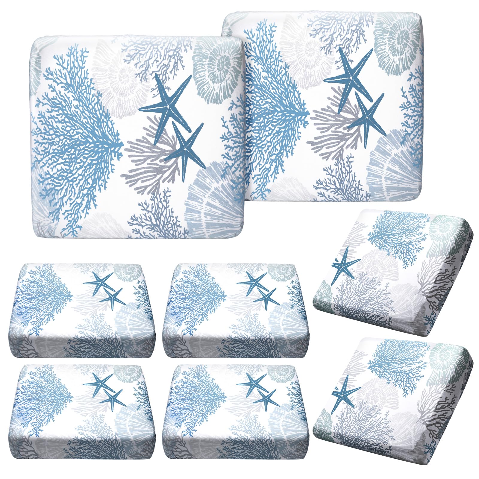 Photo 1 of Hosuly 8 Pcs Summer Sofa Cushion Cover Patio Stretch Beach Outdoor Seat Cushions Covers Starfish Seashell Coral Replacement Couch Slipcovers Coastal Sofa Seat Cover Flexibility Chair Cushion Cover