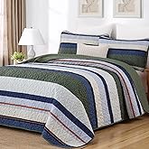 Dobuyly Quilt King Size Set, Boho Green Bedspread King Size, Striped Bedding Sets 3 Pieces, Lightweight Soft Olive Green Blue Coverlet Bed Sets with 2 Pillow Shams 110"x90"