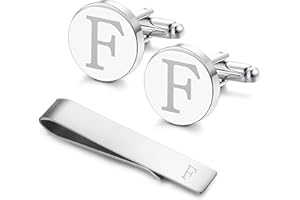 LOYALLOOK Stainless Steel Engraved Initial Cufflinks and Tie Clip Bar Set Alphabet Letter With Gift Box A-Z