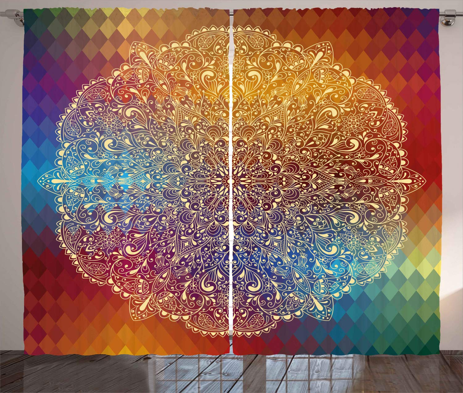 ABAKUHAUS Abstract Curtains, Highly Detailed Floral Oriental Pattern on Geometric Colorful Background Artwork, Living Room Bedroom Window Drapes 2 Panel Set, 280 x 260 cm, Ruby Green