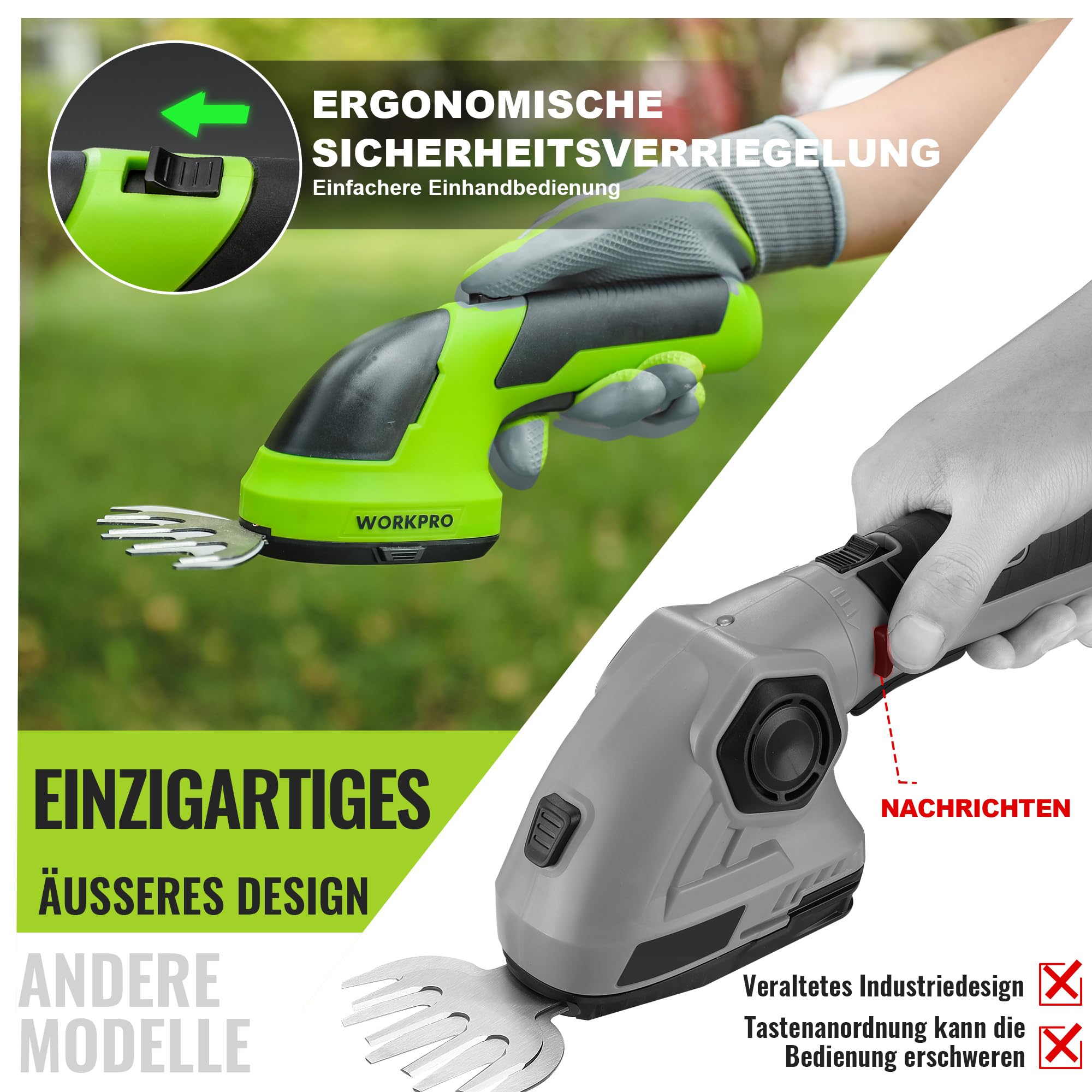 WORKPRO Gartenschere Akku 7,2V Grün, Handliche Grasschere Elektrisch 7