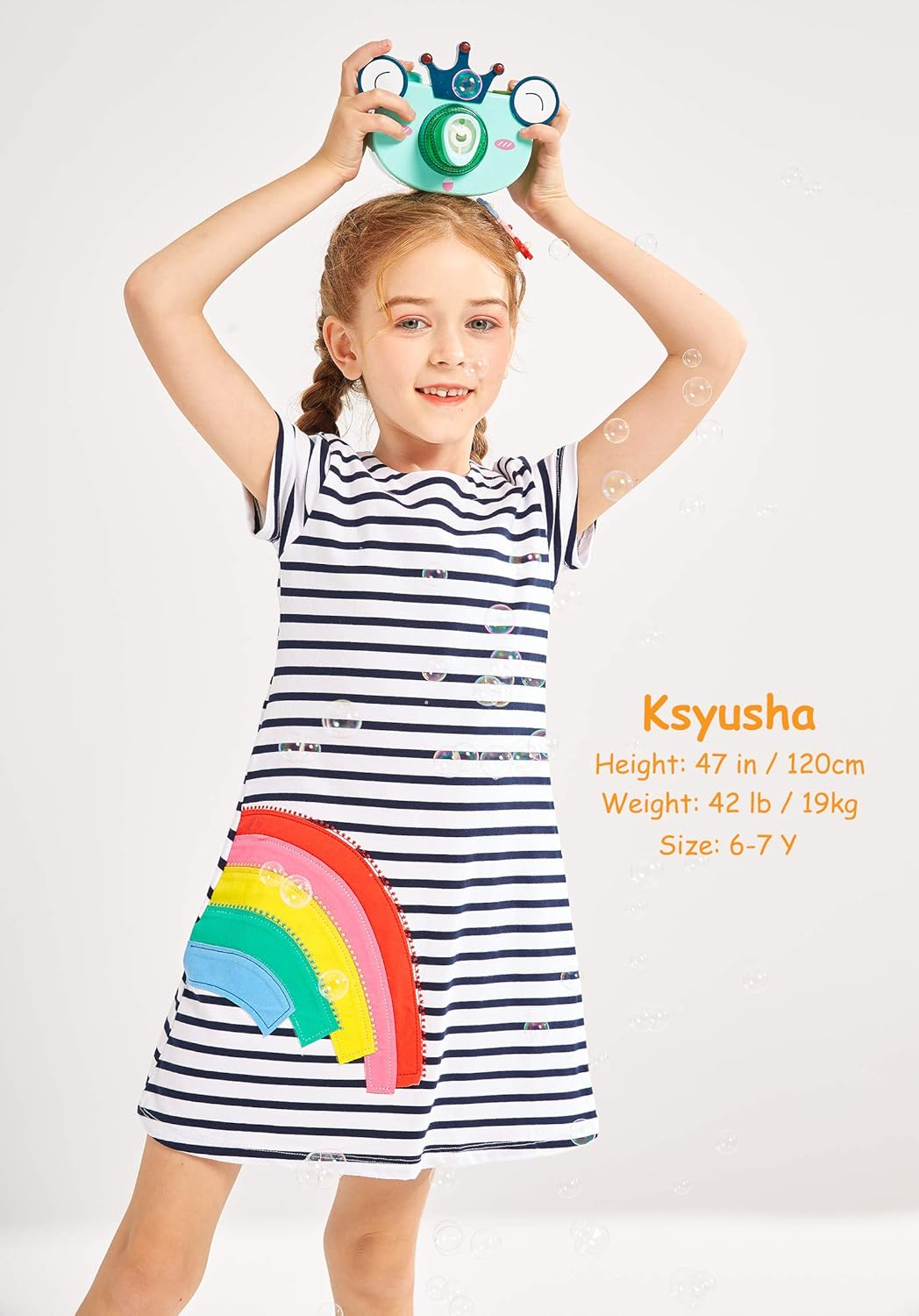 Fiream Girls Dresses Cotton Striped Cartoon Applique Casual Animal Printed Outfits Dress: Clothing
