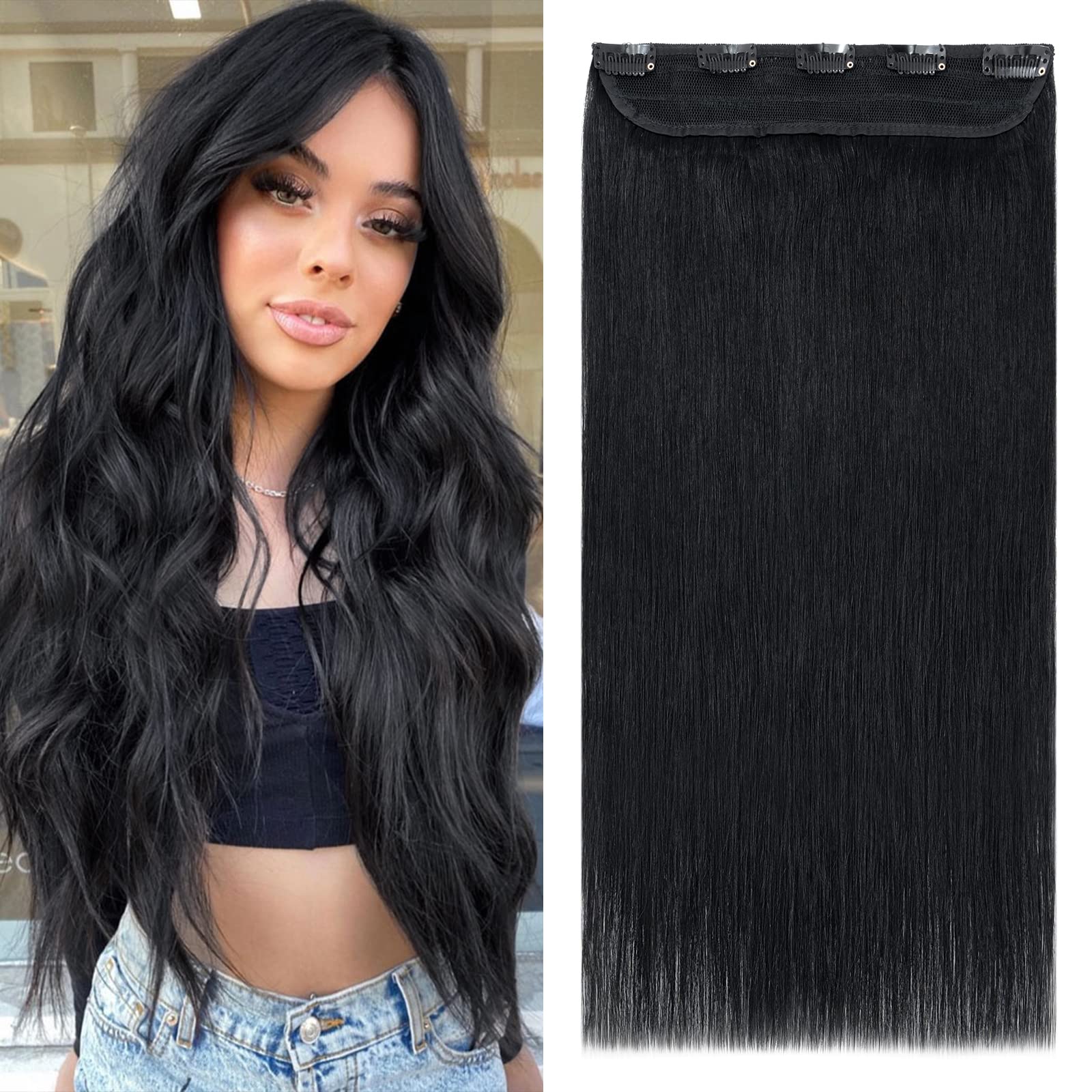 Clip in Hair Extension Human Hair 22inch One Piece Straight 100% Real Remy 3/4 Half Head -Thick (100g, #01 Jet Black)