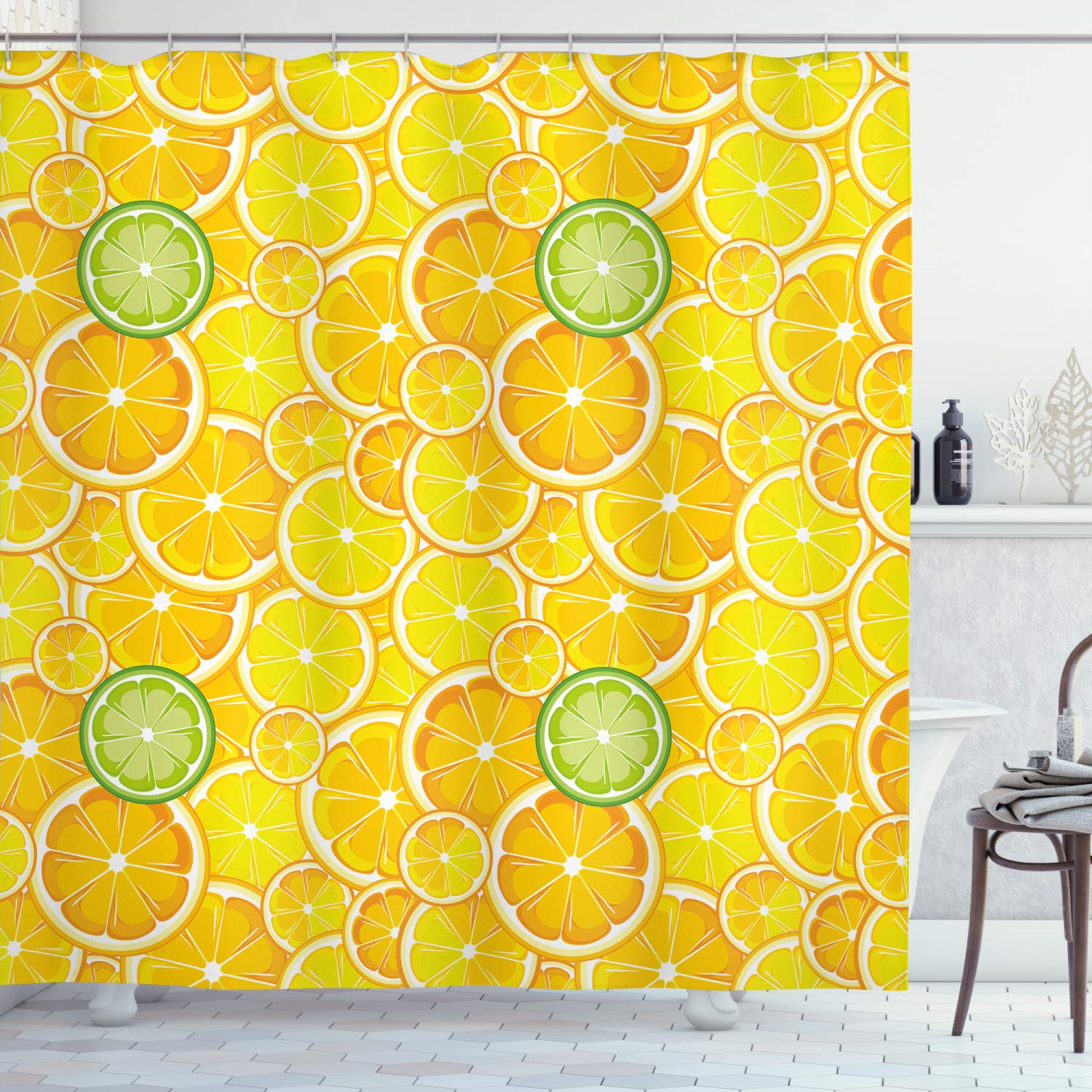 ABAKUHAUS Yellow Shower Curtain, Lemon Orange Lime Fruit Citrus Round Cut Circles Big and Small Pattern, Cloth Fabric Bathroom Decor Set with Hooks, 175 x 180 cm, Yellow White And Green