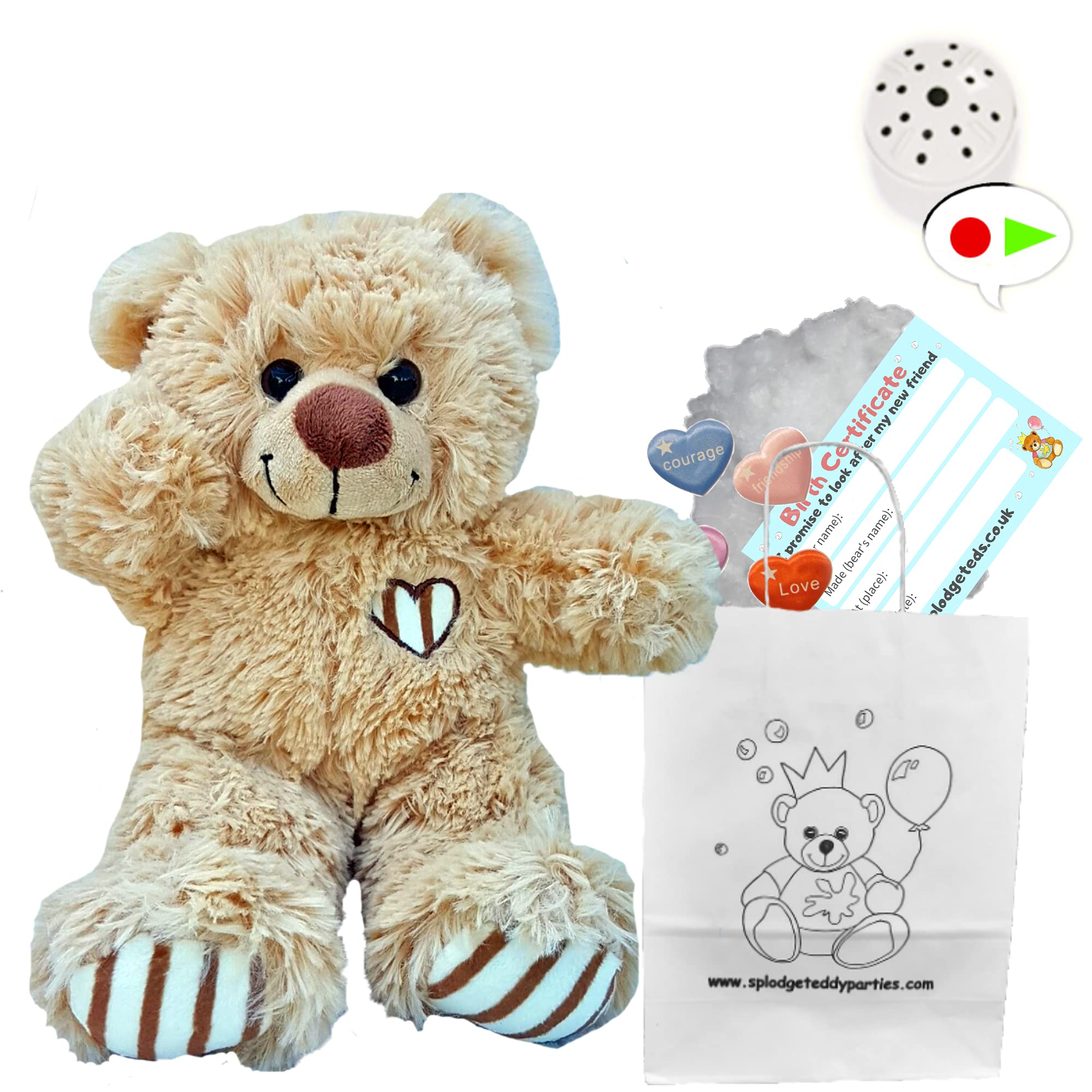 Splodge Teddy Parties - Brown Cuddles Bear Soft Plush Toy - 10 inch / 25cm - Build your own Teddy Bear - Party Kit with voice recorder