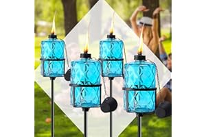 ZSPENG 4 Pack Blue Glass Garden Torch 12 oz Outdoor Torch Garden Décor,60-Inch Upgraded Citronella Torches with 3-Prong Grounded Stake for Party Patio Pathway