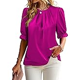 ZILIN Women's Dressy Casual Tops Business Work Blouses Pleated Crew Neck Puff Short Sleeve Shirts