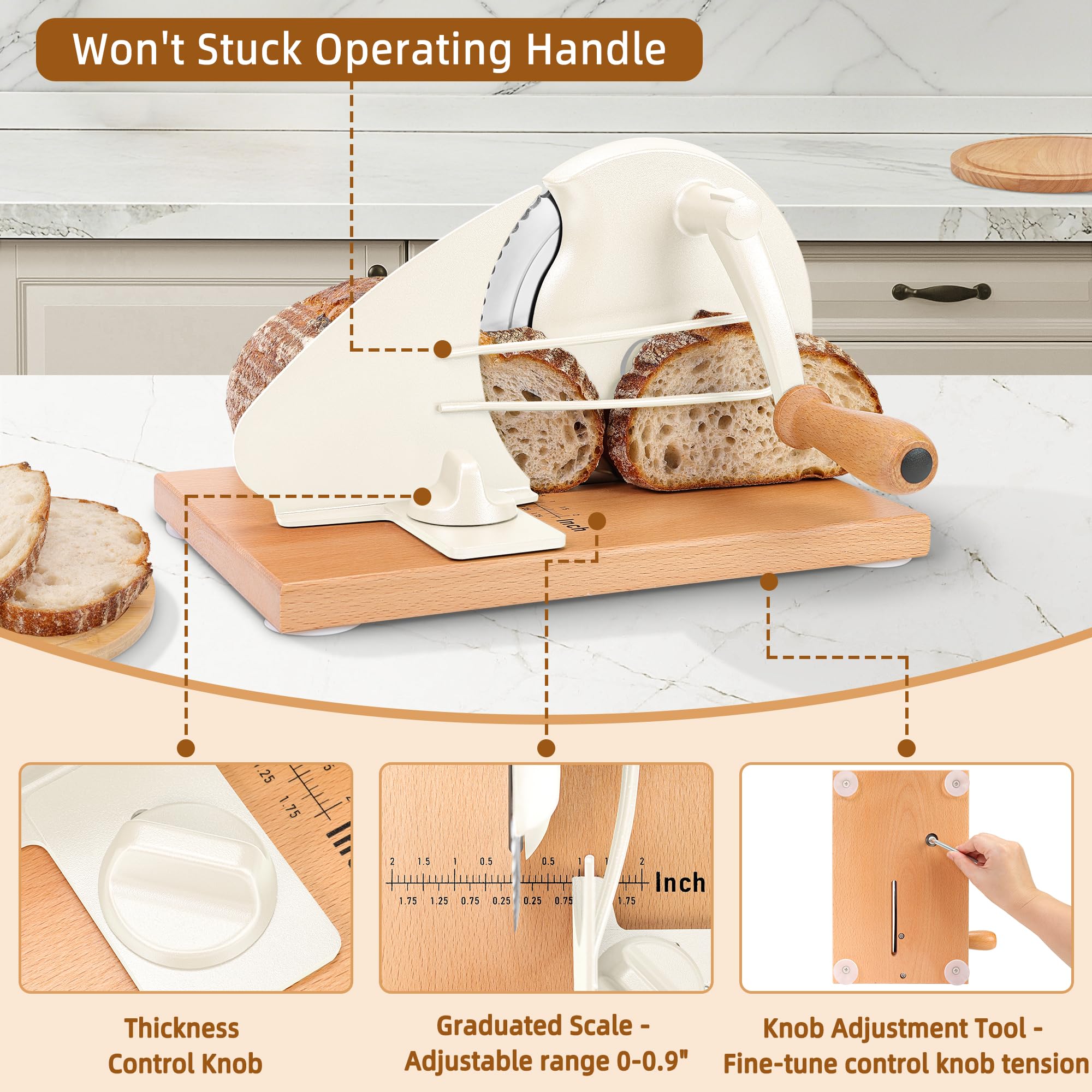CAWIU Upgraded Manual Bread Slicer for Homemade Sourdough Bread - Adjustable Thickness Bread Cutter with Hand Crank, Suction Cups, Slicing Guide, Scale Line & Cover, for Perfect Even Slices (Cream)