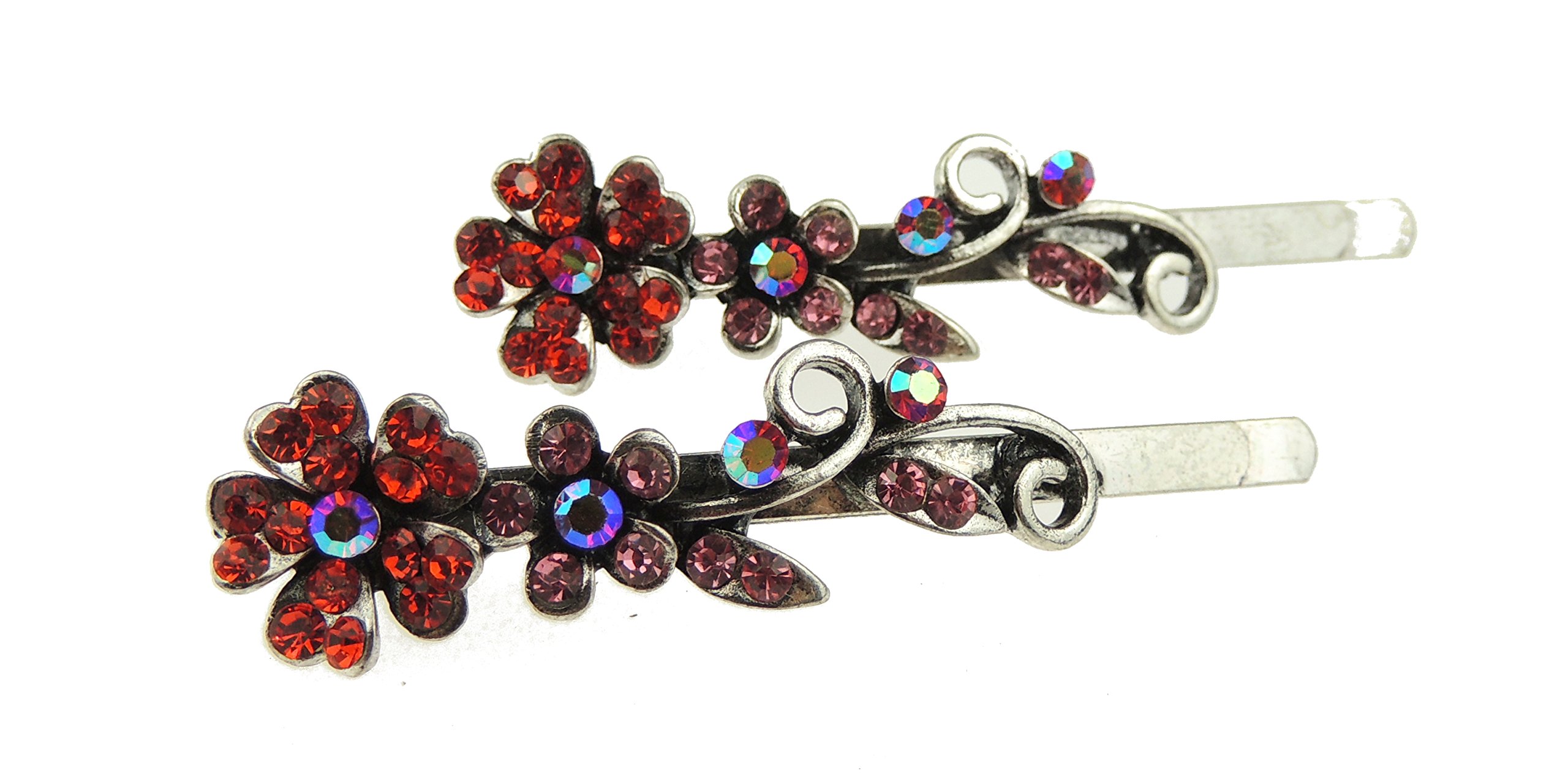 Womens Silver Tone Sparkly Bow Rhinestone Jeweled Crystal Diamante Party Birthday Christmas Bridal Wedding Slides Hairpin Hair Clips Grips Bobby Pins Set of 2 Flower Floral (Red) โ image 1