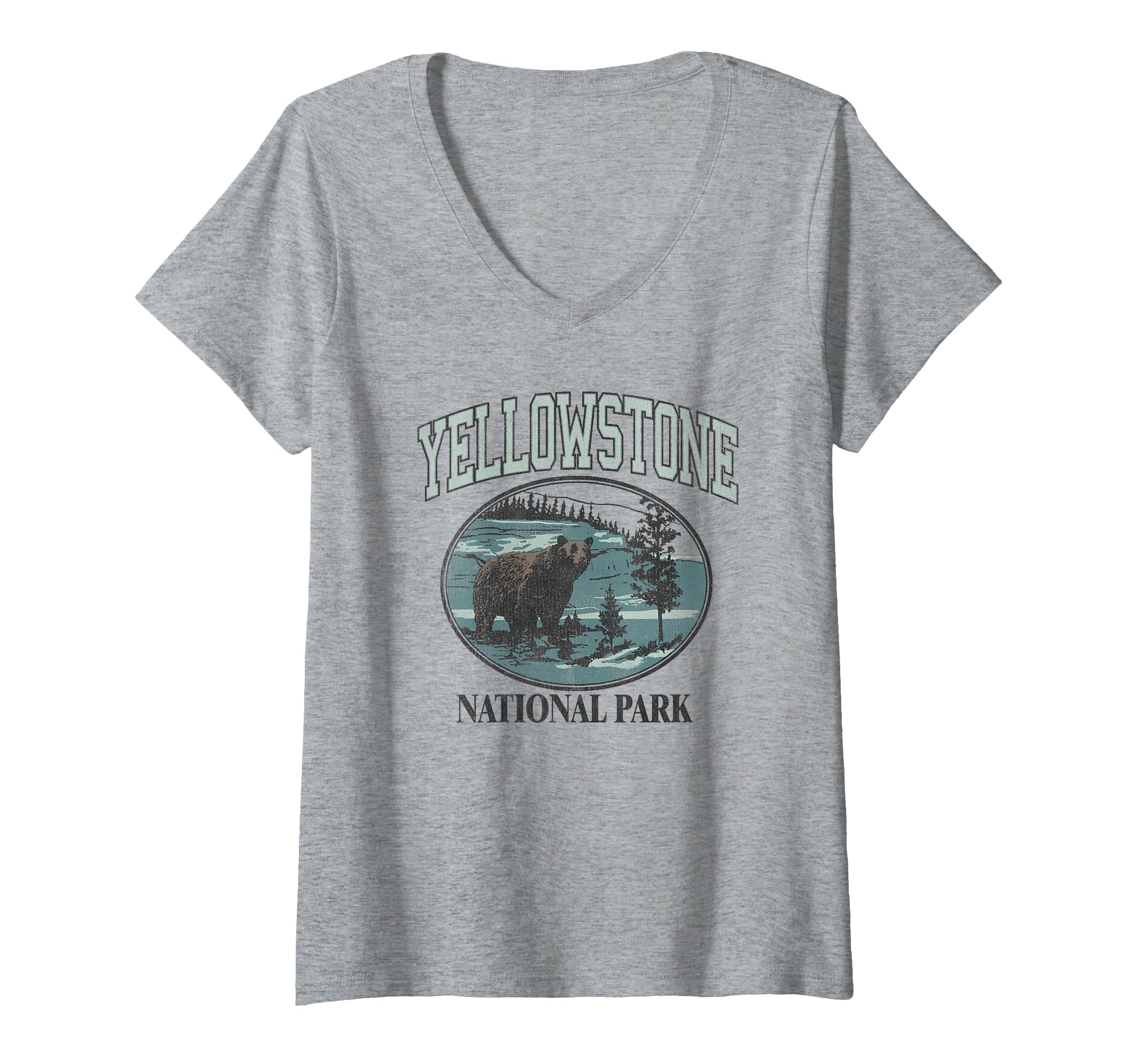 Womens Yellowstone National Park Stream & Bear V-Neck T-Shirt