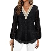 Bebonnie Women's Casual Long Sleeve Lace V Neck Double Layers Mesh Tunic Tops