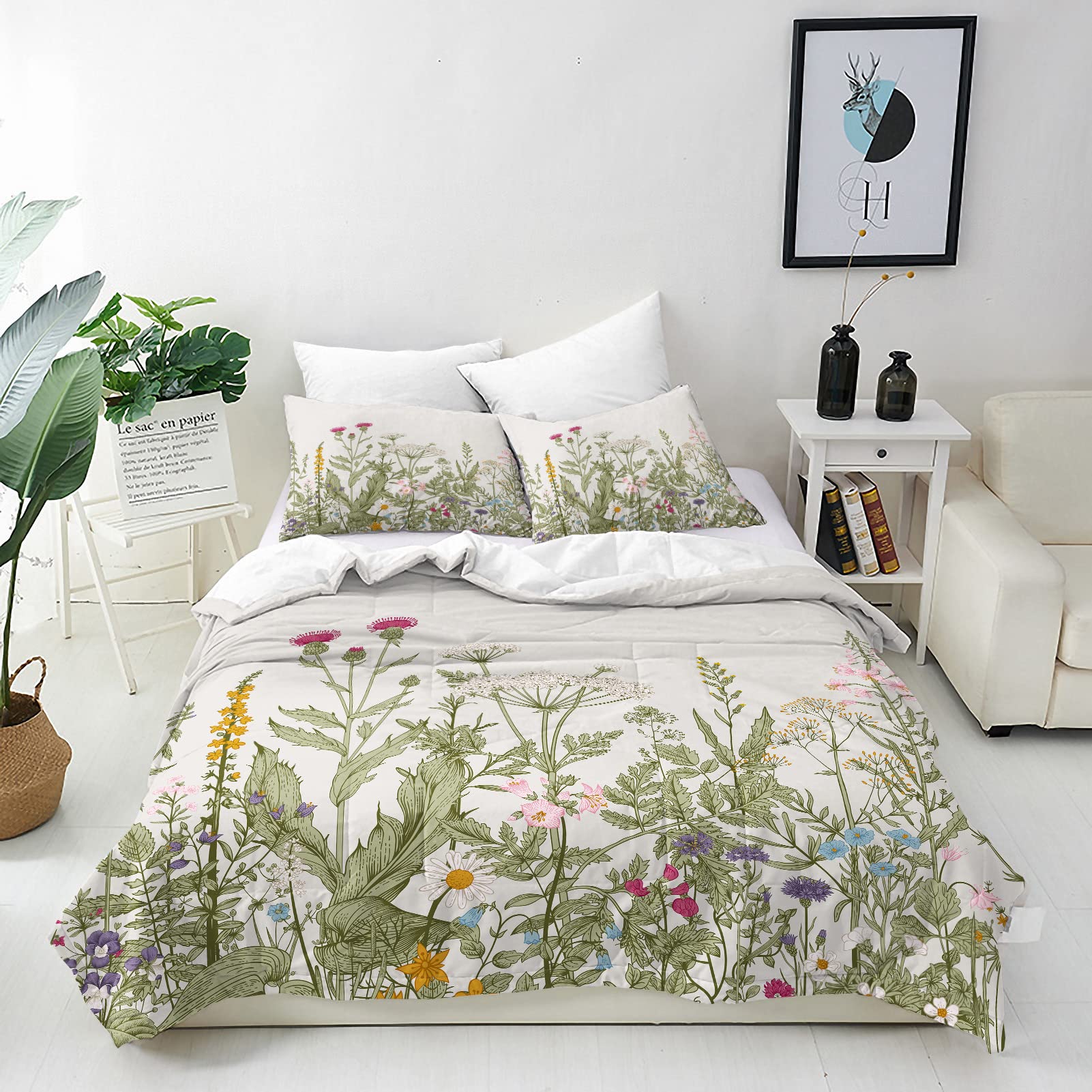 ANHOPE Floral Duvet Cover Set 3 Piece Bedding Set Botanical Wildflower Rustic Flower Herb Print Pattern Soft Comforter Cover with 2 Pillowcases All Season Quilt Cover with Zipper King