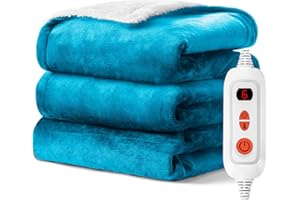 Mlivrom Electric Heated Throw Blanket with 6 Heating Levels & 1-3 hrs Timer Auto-Off,Fast Heating Fleece Warm Bedding Blanket for Whole Body,ETL Certification,Machine Washable (Blue+White, 50''×60'')