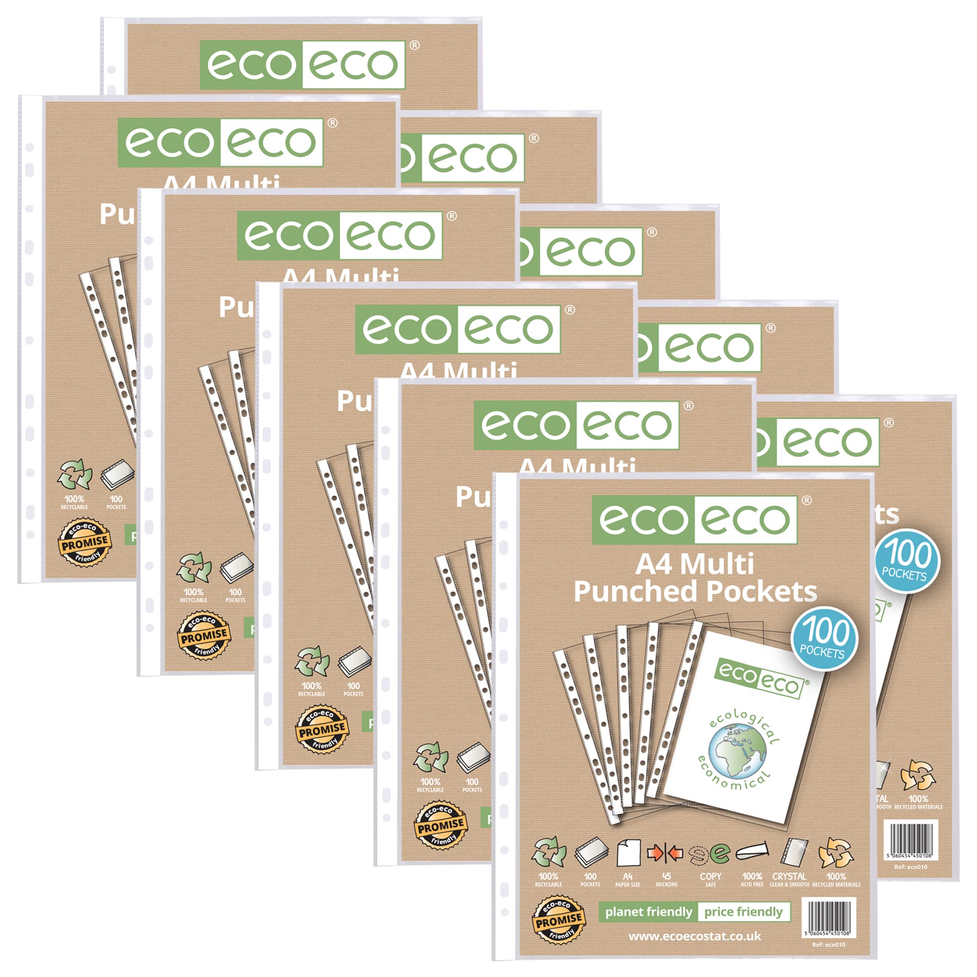eco-eco A4 100% Recycled Box of 1000 Multi Punched Pockets eco010x10