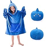 IFNOW Wearable Blanket Hoodie Kids, Oversized Fleece Blanket Sweatshirt Christmas Birthday Gifts for Boys, Girls, Teen Hoodie with Portable Foldable Blanket Pillow, Animal Embroidery 5-15 Years, Shark