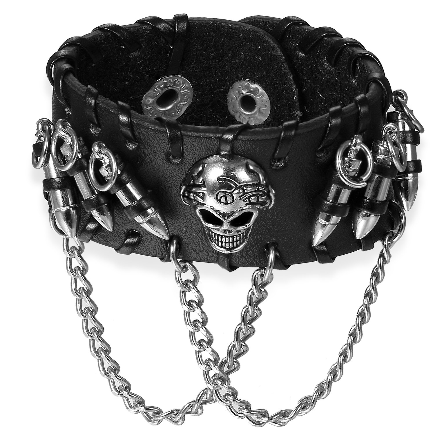 JewelryWe Punk Pu Leather Skull Bullet Lion Dragon Charm Wide Bracelet Wristband Adjustable 7.8inch