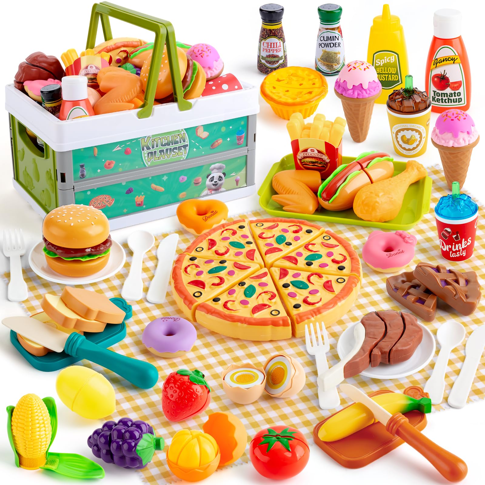 SEMKOTREE Toy Kitchen Accessories, Mud Kitchen Accessories Children's Play Kitchens Role Play Toys, Kids Cooking Set with Play Food Kids Knife Picnic Basket Outdoor Kitchen