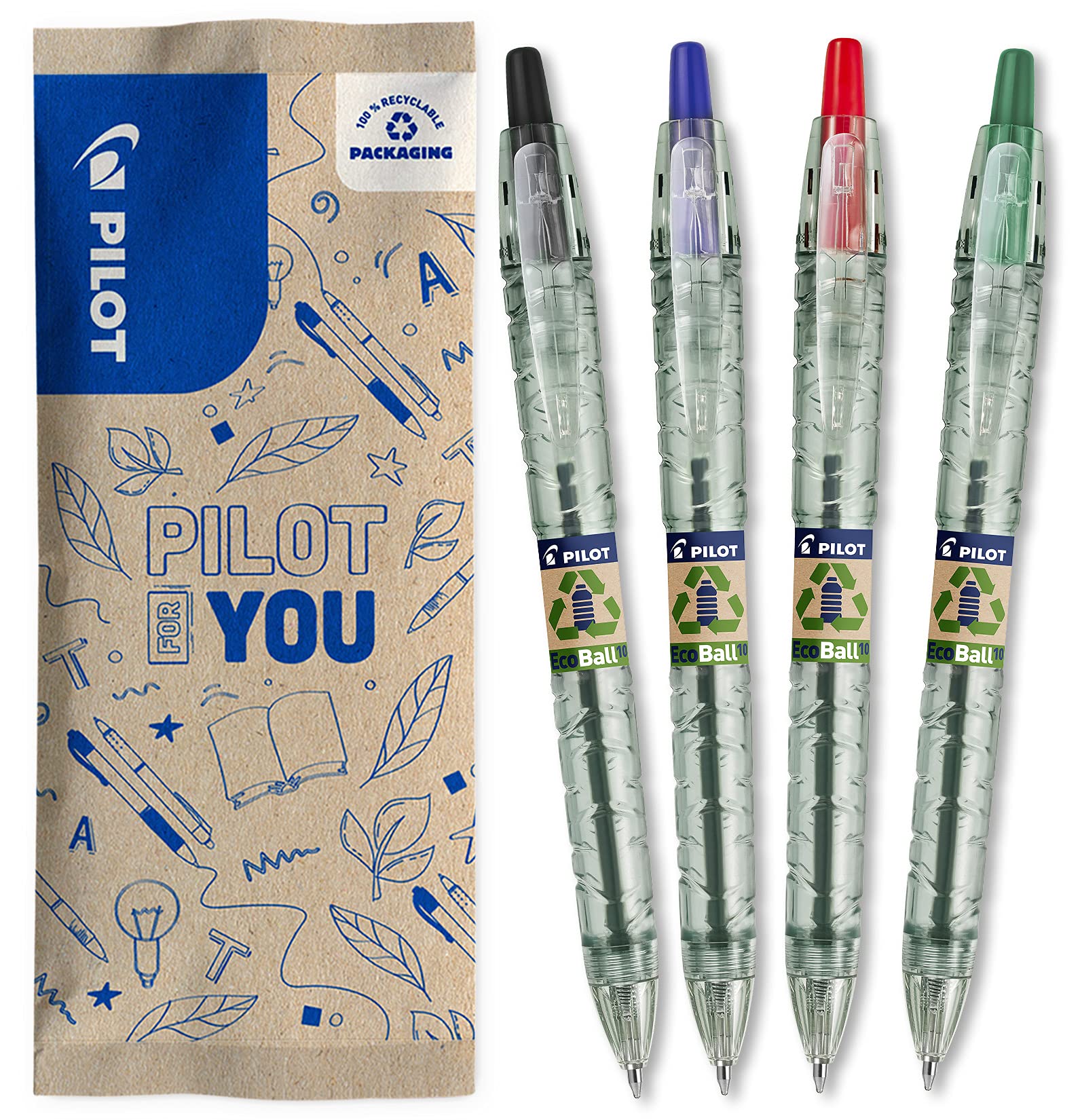PILOT - Pack of 4 Ecoball 1 mm - Gel Ink Roller Ball Pen - Medium - Begreen - Assorted Colours - Black Blue Red Green