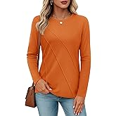 YUCOLEN Long Sleeve Shirts for Women Pleated Crew Neck Cotton T Shirts Solid Color Soft Casual Basic Tees Fall Trendy Tops