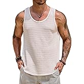 VOGSTART Mens Hollow Out Tank Top Vacation Summer See Through Crochet Sleeveless Shirt Beach Muscle Knit Vest (S-XXL)