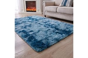 ANVARUG Modern Plush Area Rug 9x12 Ultra Soft Faux Fur Rugs, Non-Skid Bedroom Rugs for Kids Playroom Home Decor, Tie-Dyed Dark Blue