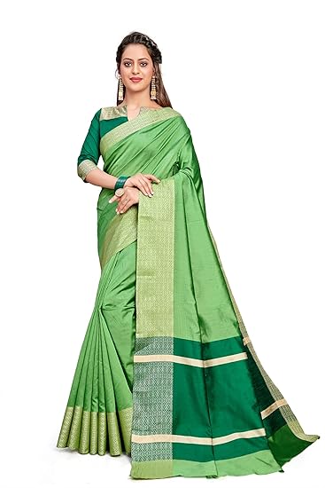 Divaastha Green Cotton Striped Saree with Blouse Piece (BHSRJ6LGREEN)