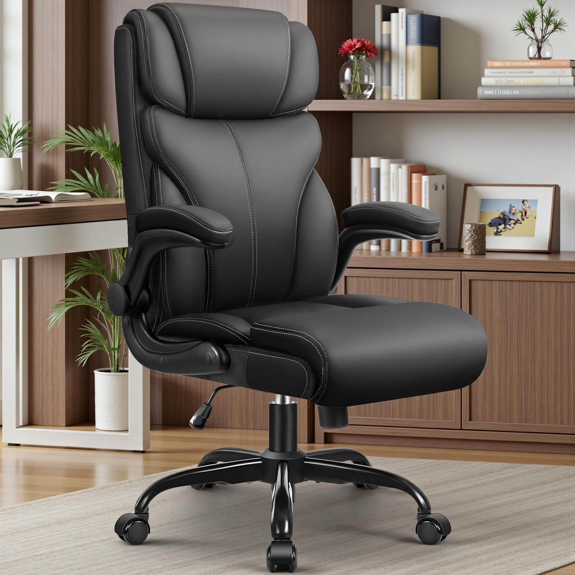 Photo 1 of PU Leather Executive Office Chair, Ergonomic High-Back Computer & Gaming Chair with Adjustable Height, Rolling Swivel & Flip-Up Armrests, Comfy Padded Seat for Home Office-Black