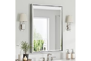QueenFun Silver Bathroom Mirror, 24x32 Inch Beveled Silver Vanity Mirror for Bathroom Wall, Silver Metal Framed Mirror Anti-Rust, Silver Rectangle Wall Mounted Mirror for Bathroom(Vertical/Horizontal)