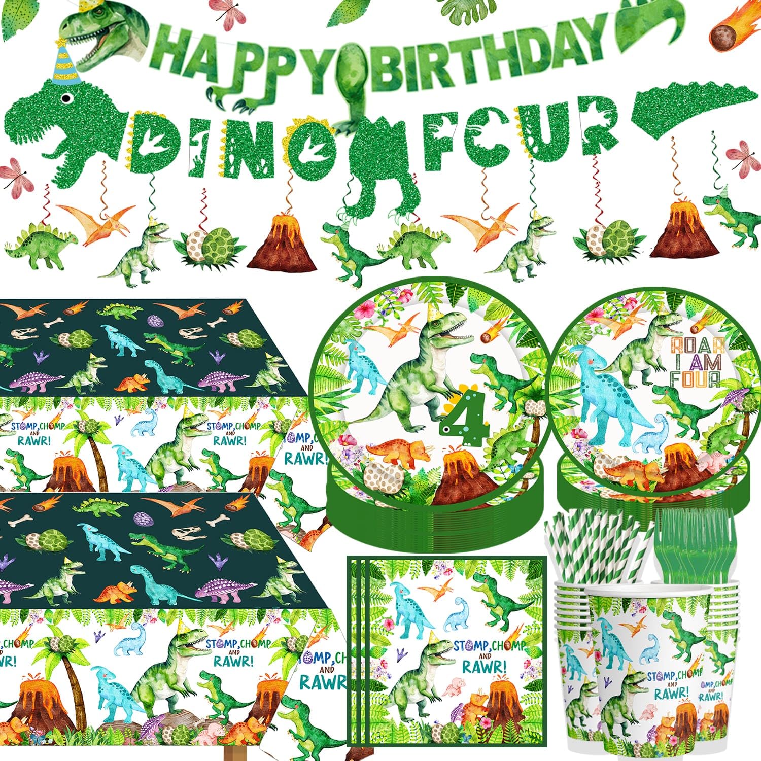 Photo 1 of Watercolor Dinosaur 4th Birthday Party Supplies Roar Im 4 Dinosaur Party Plates Cups Napkins Hanging Swirls Banner Tablecloth Straws forks for Boys Dinosaur T-Rex Roar 4th Party Birthday Decorations
