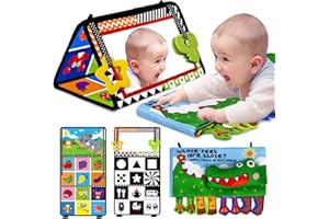 AROVAN Tummy Time Baby Mirror Toys - Infant Toy Newborn 0 3 Months Brain Development with Soft Activity Book Teether - Black and White High Contrast Baby Toys 2 4 5 0-6 Babies Boy Girl Sensory Shower Gifts