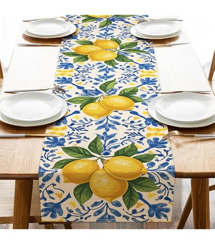 Chemin De Table Été Citron Bleu 33x183cm - Décoration Table Feuilles Vertes Vacances Et Fêtes