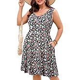 JollieLovin Women Plus Size Summer Dress Casual V Neck Sleeveless Tank T Shirt Beach Sundresses with Pockets(L-5X)