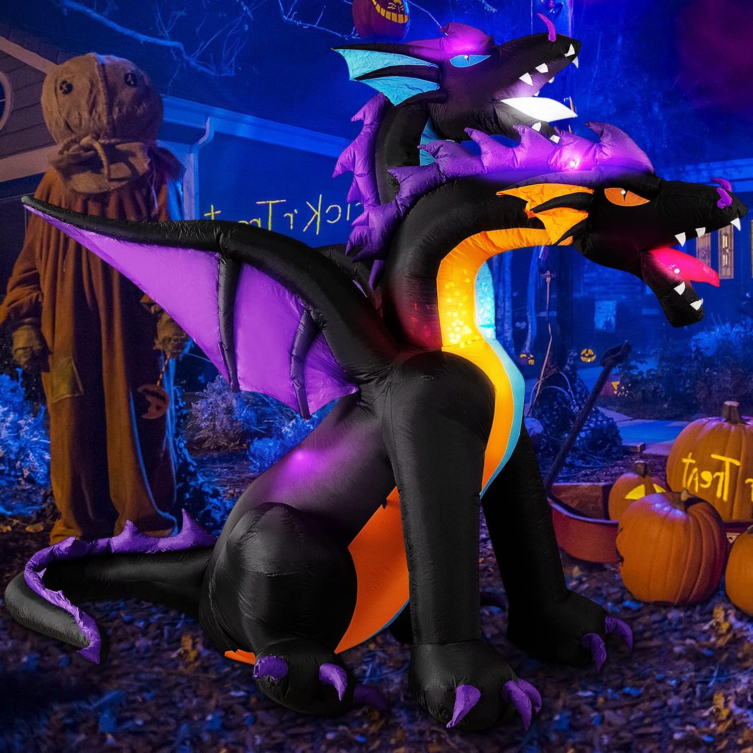 Outdoor Holiday Decorations - Halloween Inflatables 7 FT Giant Fire & Ice 2 Headed Dragon Outdoor Halloween Decorations with Wings, Bulit-in Flashing LEDs Halloween Blow Up Yard Decorations for Indoor Party Garden Lawn Décor