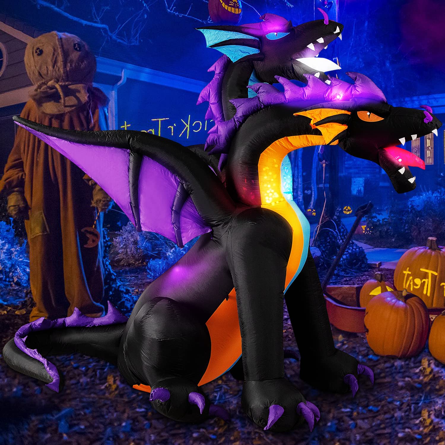 Photo 1 of MICOCAH Halloween Inflatables 7 FT Tall Giant 2 Headed Dragon Outdoor Decorations, Built-in Flashing LEDs Scary Blow Up Yard Decoration Outside for Lawn Entrance Indoor Party Garden Inflated Décor