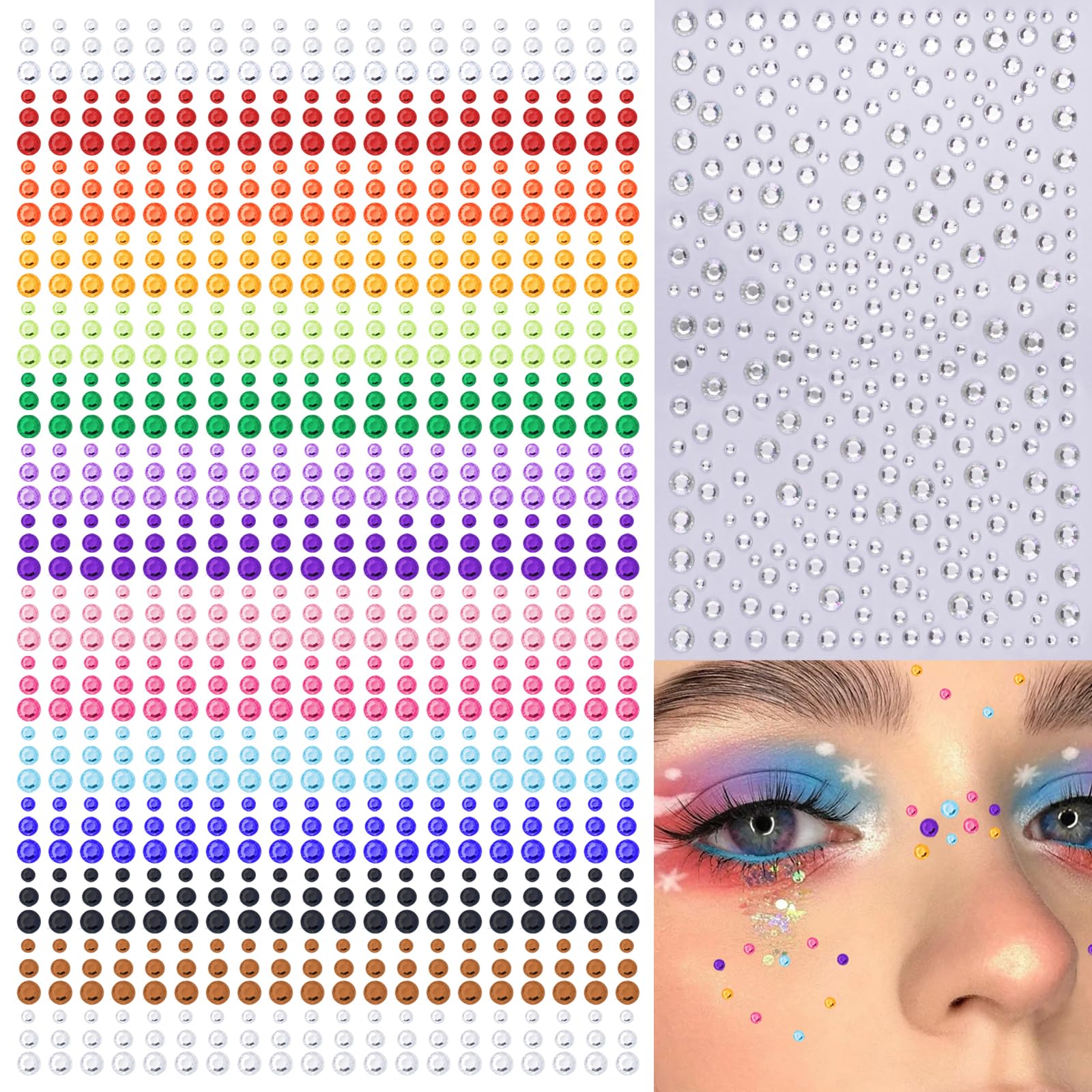 Photo 1 of 1250 PCS Self Adhesive Rhinestones Stickers Rainbow Gems for Face Hair Nail Glitters Jewels Bling Diamond Stickers for Makeup Nail Art Festival Decorations Cell Phone DIY Crafts (3/4/5mm)