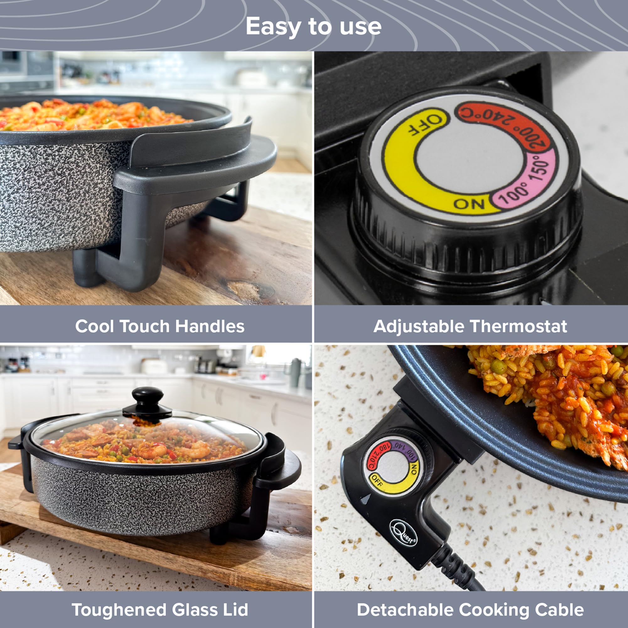 Quest 35410 30cm Multi-Function Electric Cooker Pan with Lid/Adjustable Thermostatic Control/Non-Stick Aluminium / 30 x 30cm Surface/Detachable Power Cable For Serving
